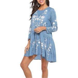 Philosophy Denim-Blue Floral Embroidered Mini Dress